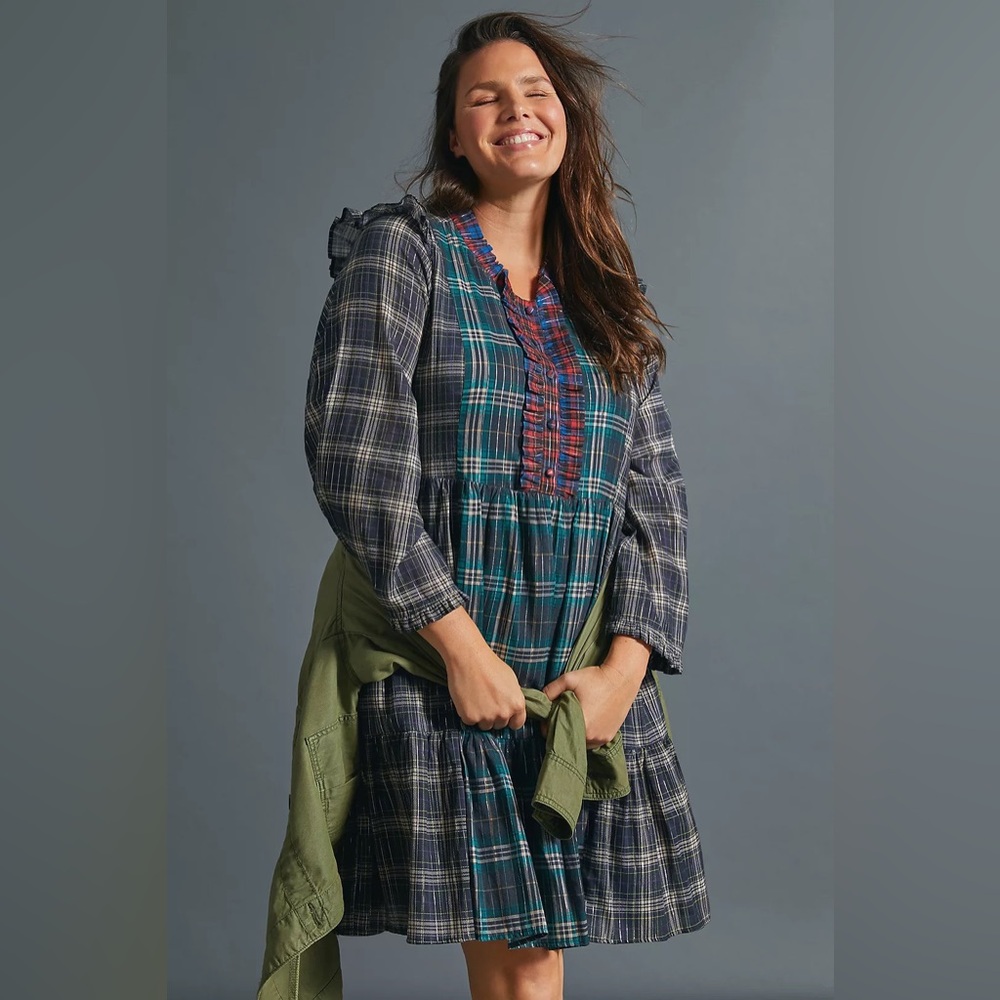 Anthropologie Dhruv Kapoor Ariana Plaid Ruffled Mini Dress - Picture 1 of 16